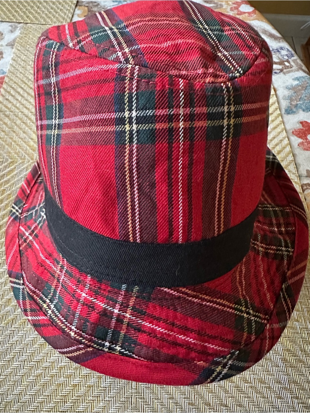 American Eagle Outfitters Red Plaid Bucket Hat with Black Band